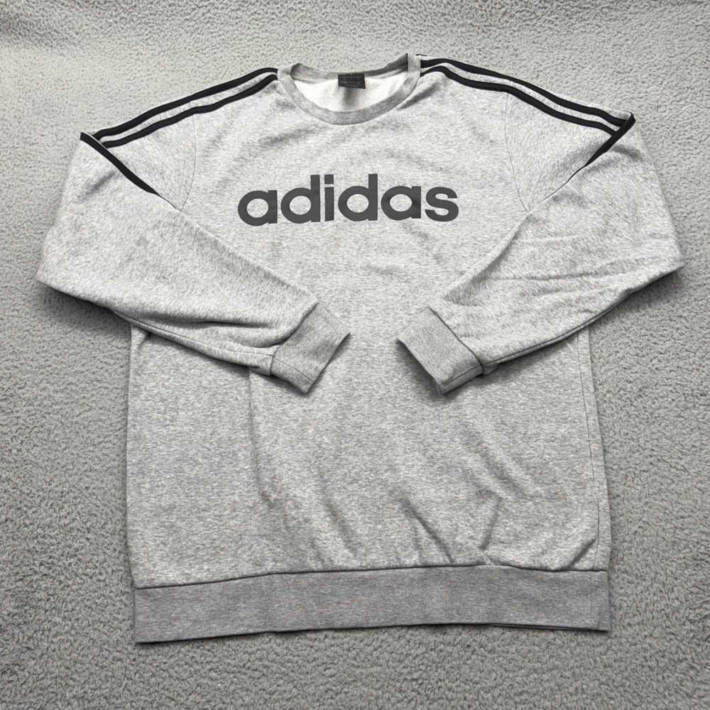 Adidas EI4902 Mens Large Grey BLK 3-Stripes Essential Fleece Crewneck Sweatshirt